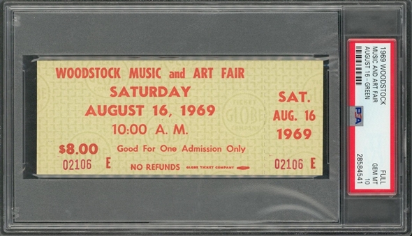 1969 Woodstock PSA GEM MT 10 Full Tickets Pair (2 Different; Green and Beige Varieties)